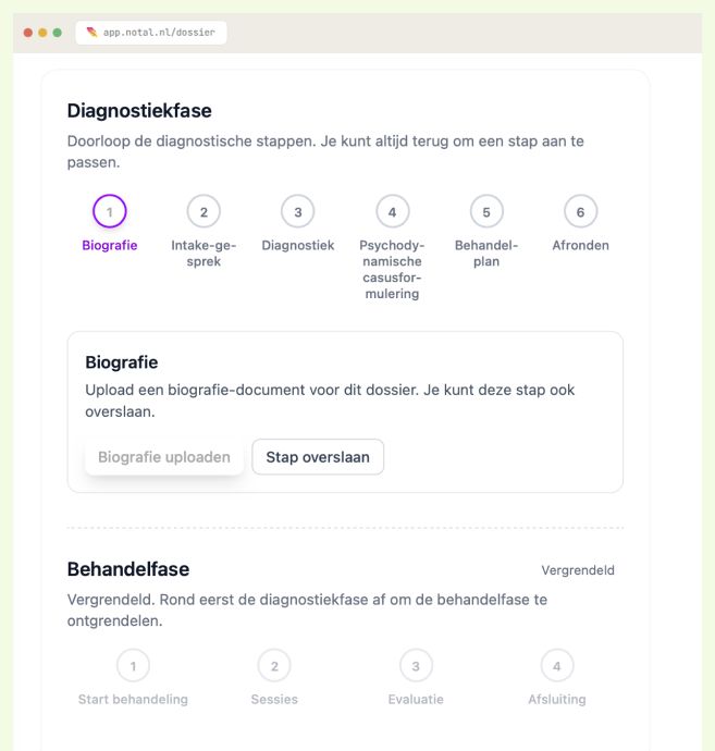 Dossieropbouw per fase in Notal Care, fictieve cliënt